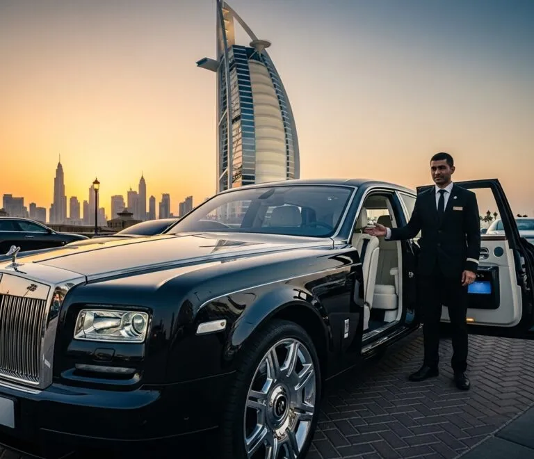 Professional chauffeur opening a Rolls-Royce door near Burj Al Arab for luxury chauffeur service in Dubai