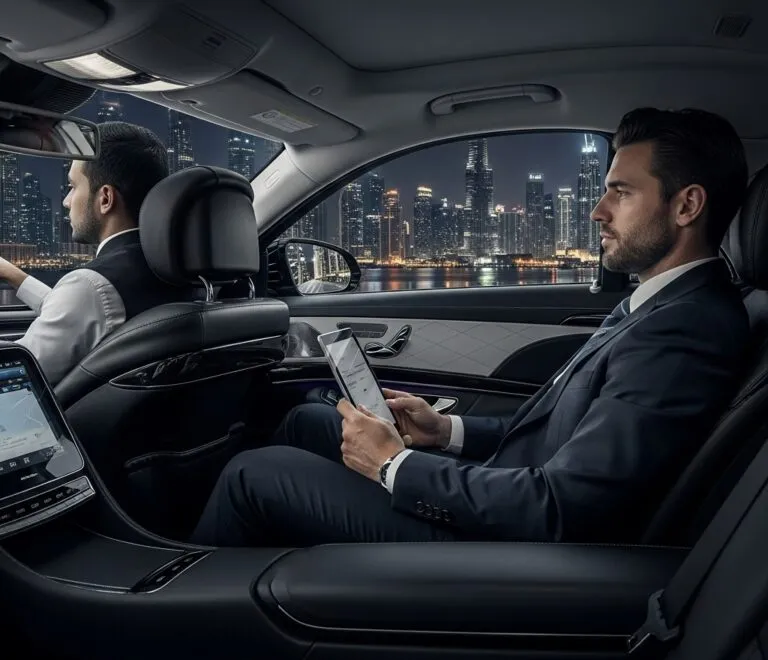 Business traveller working in a chauffeur-driven luxury car at night in Dubai