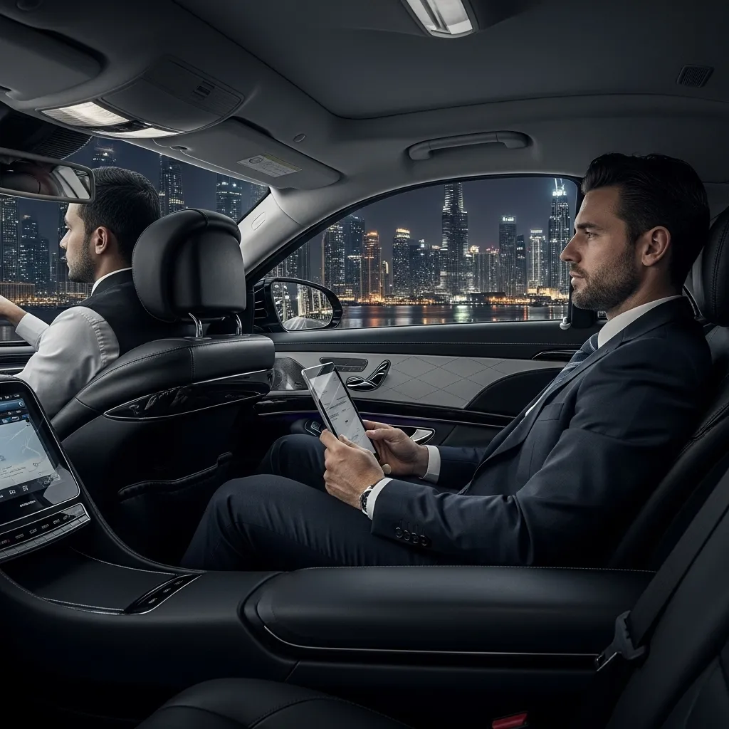 Business traveller working in a chauffeur-driven luxury car at night in Dubai