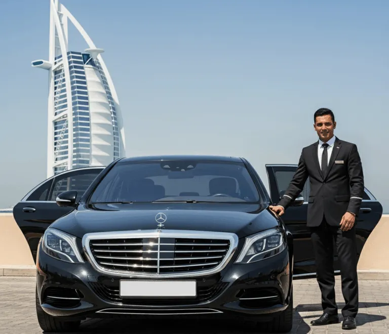 Professional chauffeur standing beside a Mercedes S-Class near Burj Al Arab in Dubai