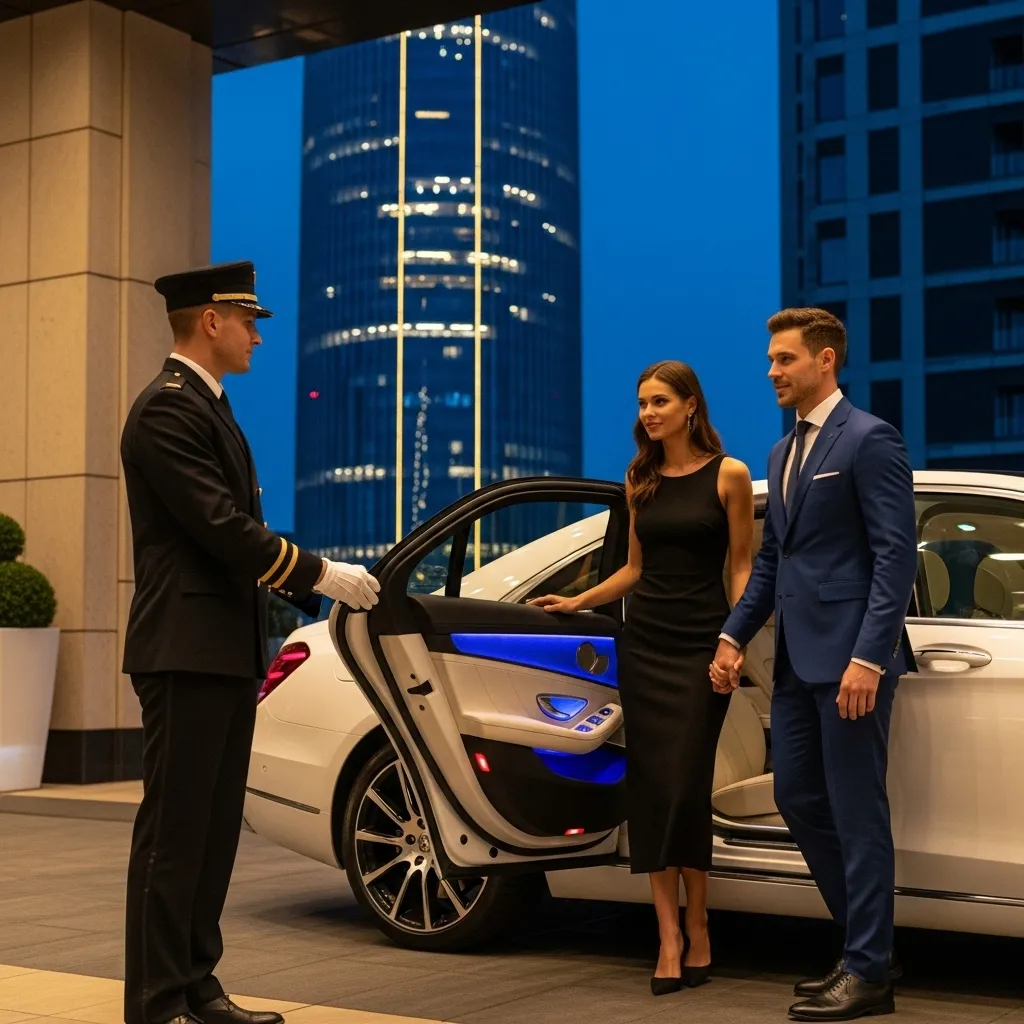 Professional chauffeur opening a luxury car door for VIP guests at a Dubai hotel