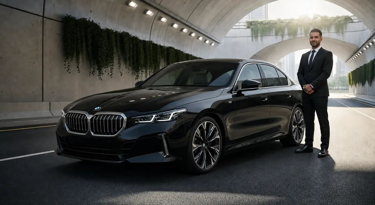 Black BMW 520i chauffeur service in Dubai with a professional uniformed driver