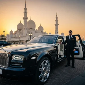 Chauffeur beside a black Rolls-Royce with Sheikh Zayed Grand Mosque in the background at sunset.