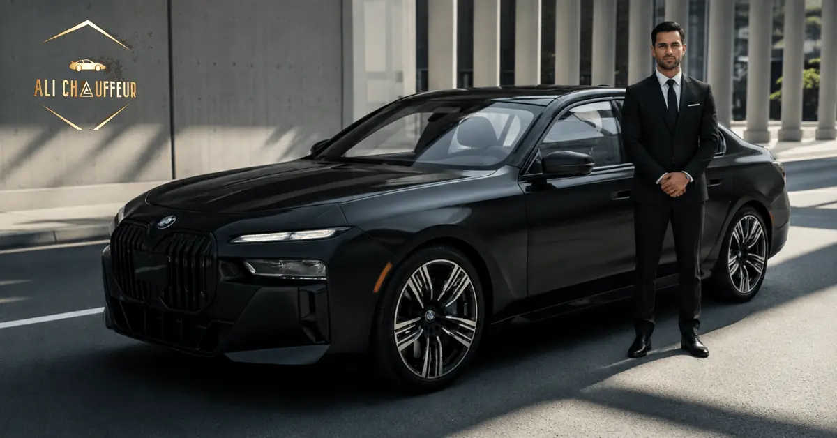BMW 7 Series chauffeur service in Dubai with a professional uniformed driver