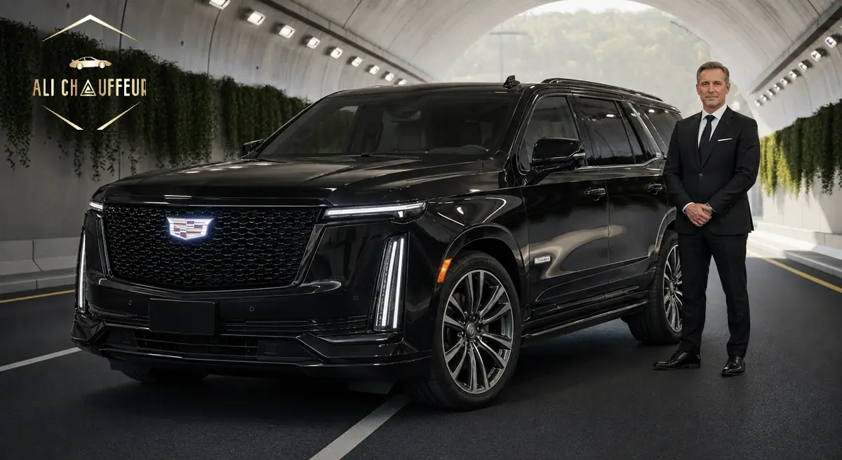 Cadillac Escalade chauffeur service in Dubai with a professional driver