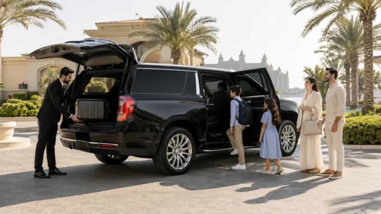 Family boarding a spacious GMC Yukon XL with a professional driver in Dubai