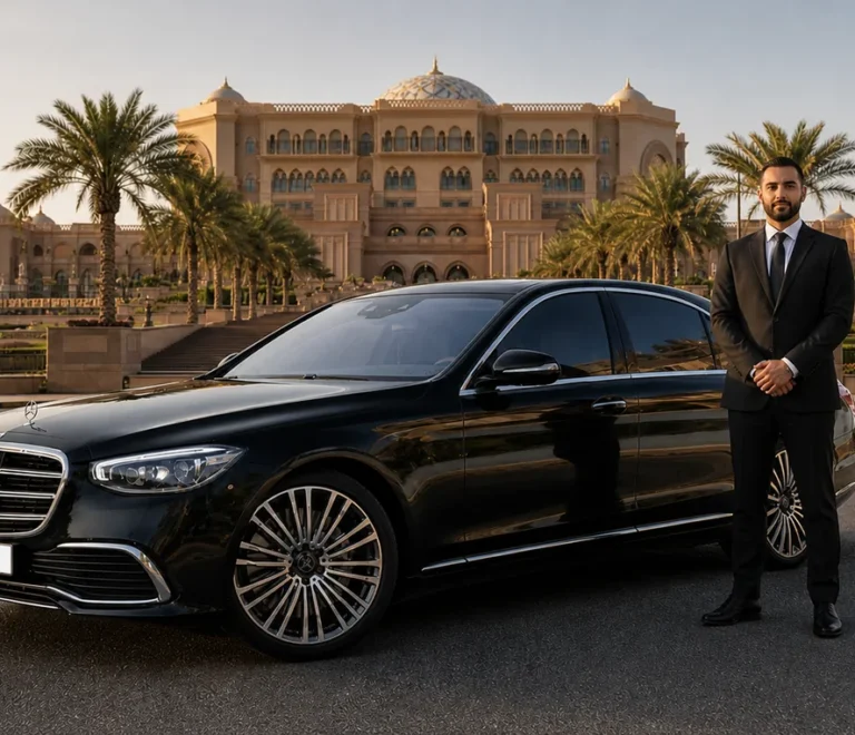 Professional chauffeur beside a black Mercedes-Benz S-Class with Emirates Palace in Abu Dhabi behind them.