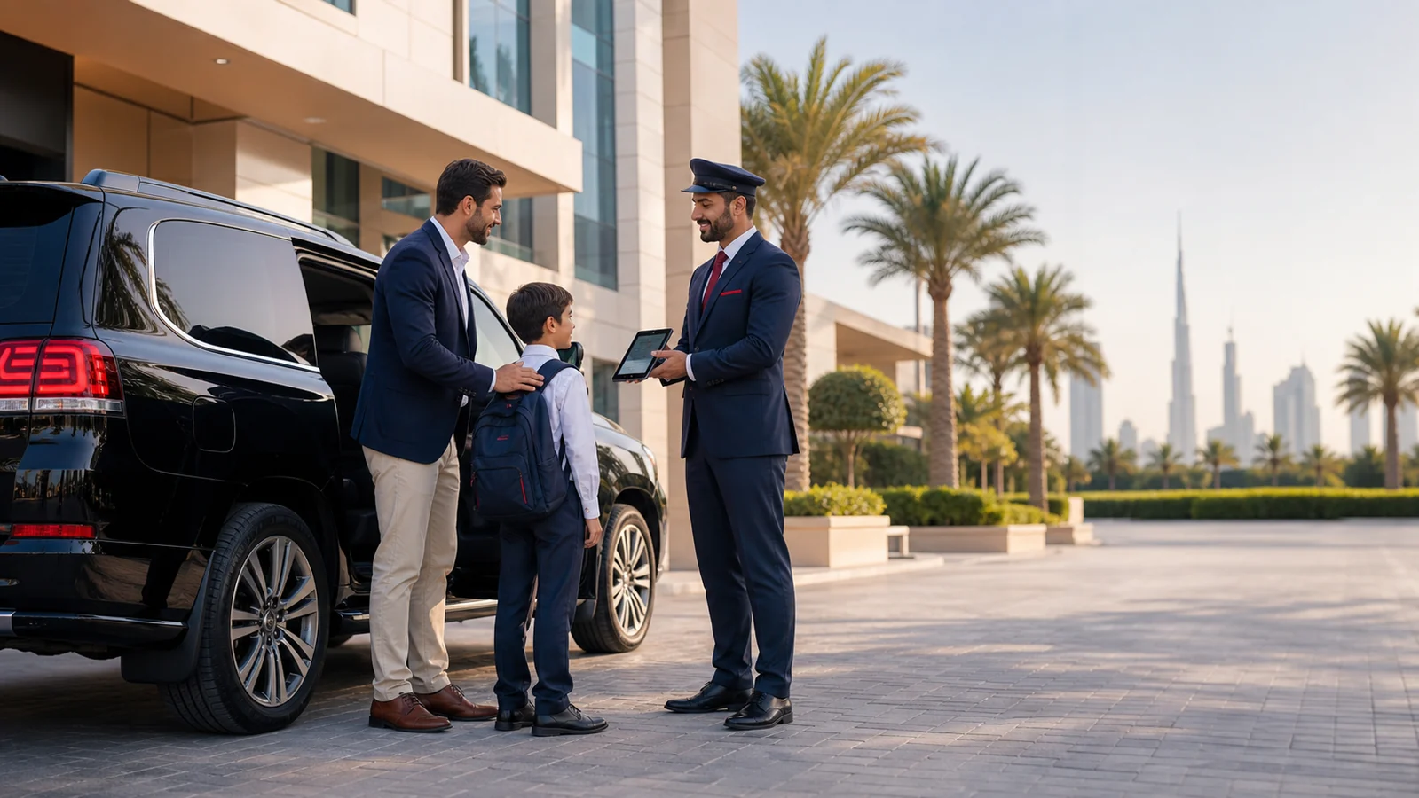 Dubai parent meeting a professional chauffeur for a private school transportation service