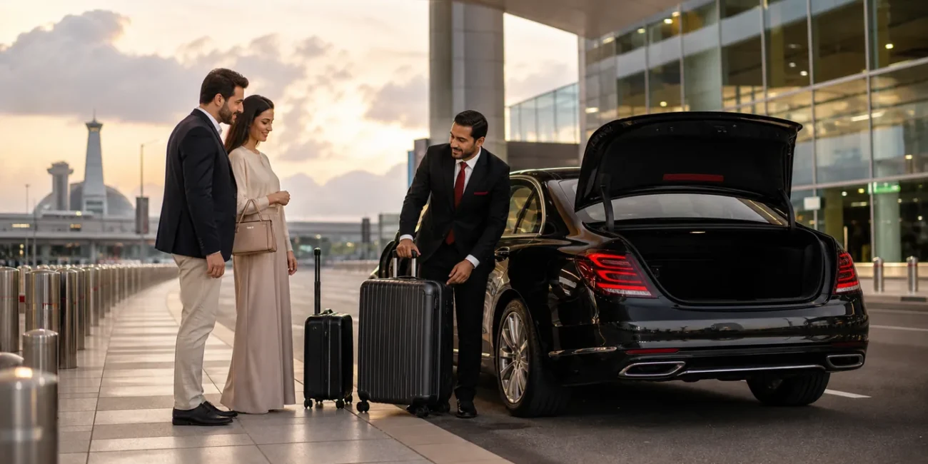 Professional chauffeur handling luggage for passengers beside a private luxury car at Dubai airport.