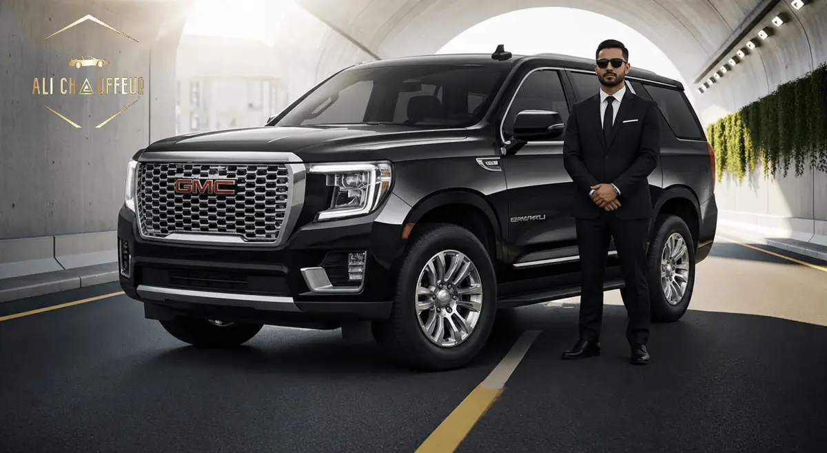 Black GMC Yukon chauffeur service in Dubai with a professional driver