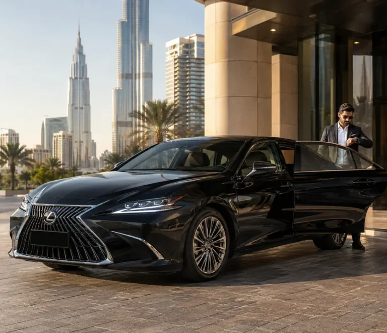 Professional chauffeur with a 2025 Lexus for hourly car rental with driver in Dubai