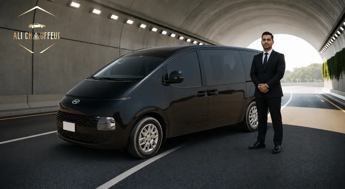 Hyundai Staria chauffeur service in Dubai with a professional uniformed driver