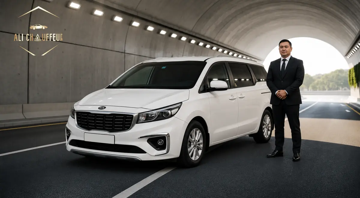 Kia Carnival chauffeur service in Dubai with a professional uniformed driver