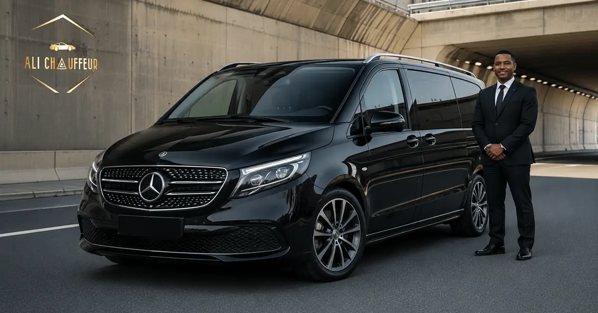 Black Mercedes-Benz Vito chauffeur service in Dubai with a professional uniformed driver