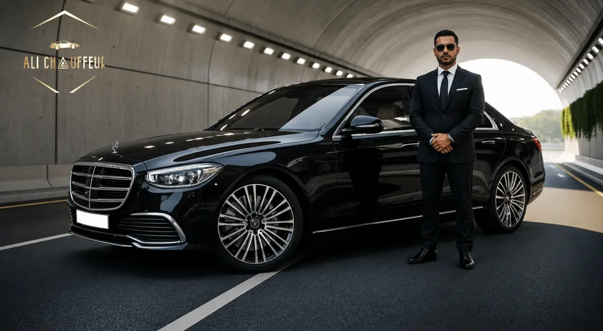 Black Mercedes S-Class chauffeur service in Dubai with a professional uniformed driver