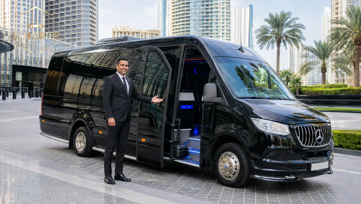Black Mercedes Sprinter minibus chauffeur service in Dubai with a professional uniformed driver