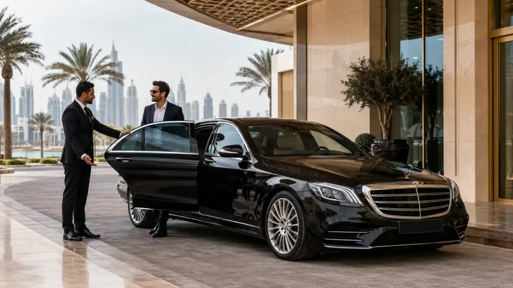 Professional chauffeur opening a luxury car door for a one-day car rental with driver in Dubai