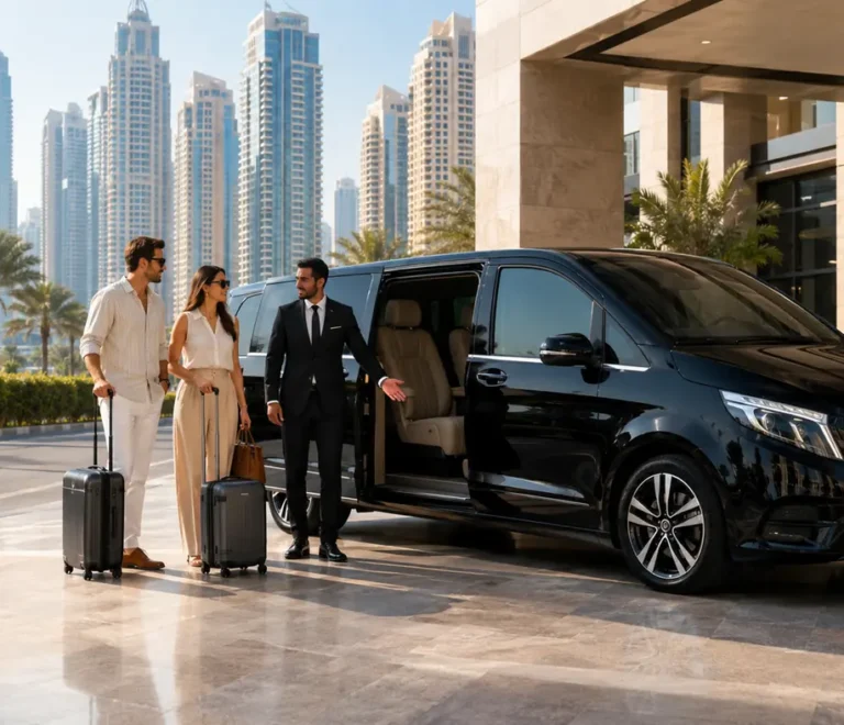 Tourists with luggage booking a luxury car with professional driver in Dubai