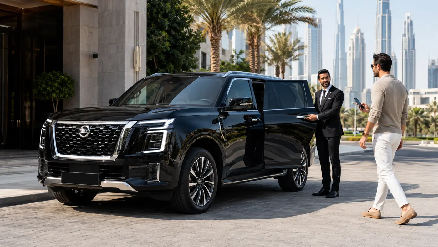 Customer making a same-day car with driver booking beside the latest Nissan Patrol in Dubai