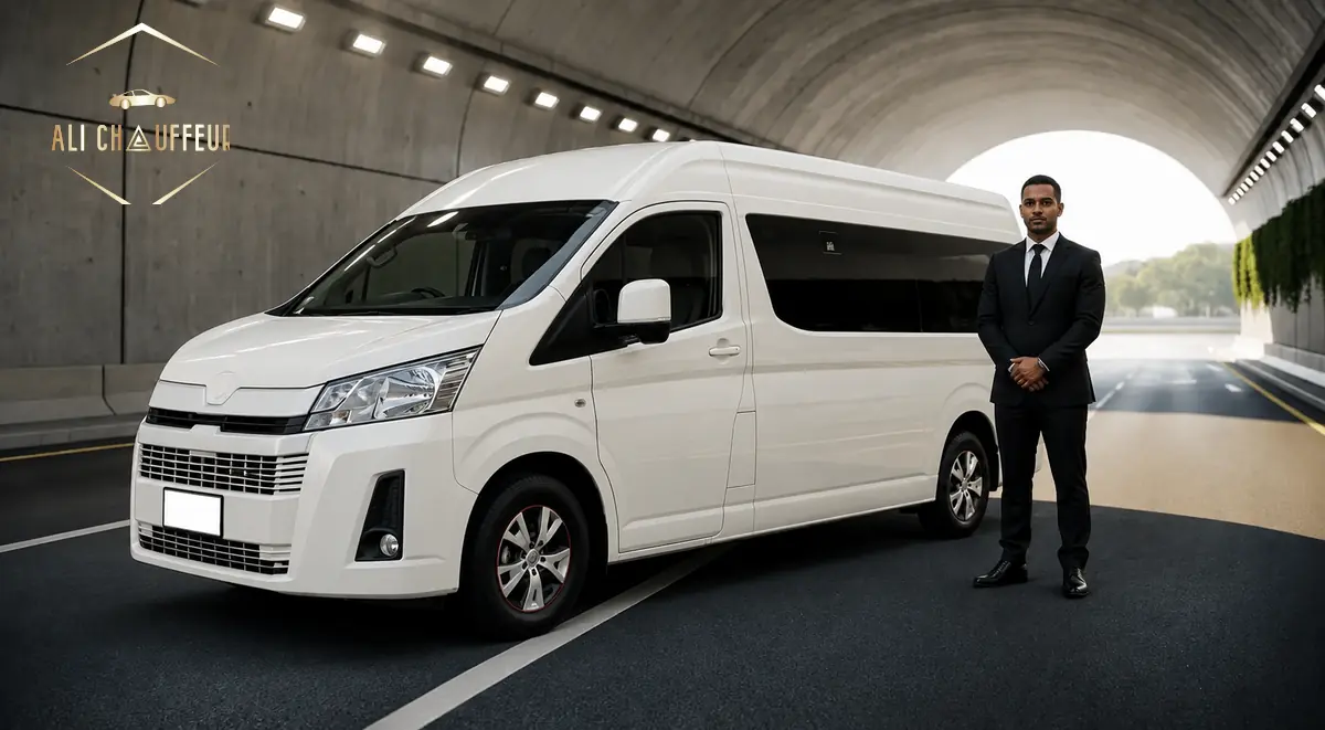 Toyota Hiace chauffeur service in Dubai with a professional uniformed driver