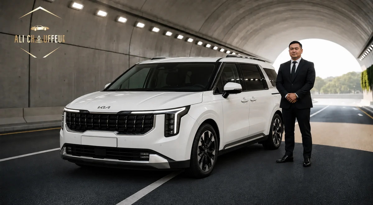 White 2026 Kia Carnival with a professional chauffeur in a modern tunnel
